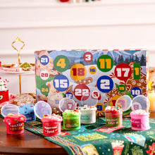Load image into Gallery viewer, Holiday Slime Countdown Box with 8 Slime Jars and 16 Charm and Sprinkle Packs Behind 24 Windows
