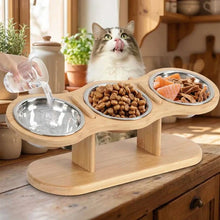 Load image into Gallery viewer, Elevated Cat Bowl, 15° Tilt Adjustable Bamboo Stand with Stainless Steel Bowls
