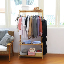 Load image into Gallery viewer, Bamboo Garment Rack Clothes Hanging Organizer with Top Shelf and 2-Tier Shoe Storage
