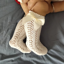 Load image into Gallery viewer, Girls Royal Bow Knee High Fishnet Socks for Toddlers and Kids
