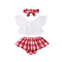 Load image into Gallery viewer, Baby Girl Summer Outfit Set with Off Shoulder Lace Top, Plaid Dress, and Matching Headband
