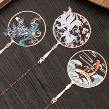 Load image into Gallery viewer, Metal Tassel Calligraphy Bookmark – Chinese Style Fan Design for Books and Journals
