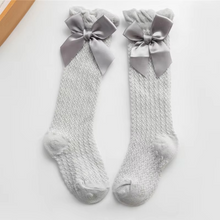 Load image into Gallery viewer, Girls Royal Bow Knee High Fishnet Socks for Toddlers and Kids
