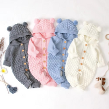 Load image into Gallery viewer, Cozy Knit Hooded Baby Romper with Adorable Bear Ears
