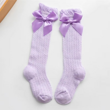 Load image into Gallery viewer, Girls Royal Bow Knee High Fishnet Socks for Toddlers and Kids

