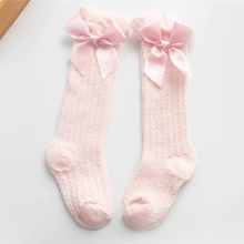 Load image into Gallery viewer, Girls Royal Bow Knee High Fishnet Socks for Toddlers and Kids
