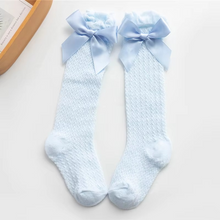Load image into Gallery viewer, Girls Royal Bow Knee High Fishnet Socks for Toddlers and Kids
