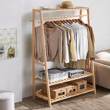 Load image into Gallery viewer, Bamboo Garment Rack Clothes Hanging Organizer with Top Shelf and 2-Tier Shoe Storage
