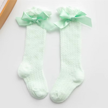 Load image into Gallery viewer, Girls Royal Bow Knee High Fishnet Socks for Toddlers and Kids
