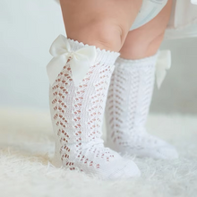 Load image into Gallery viewer, Girls Royal Bow Knee High Fishnet Socks for Toddlers and Kids
