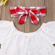 Load image into Gallery viewer, Baby Girl Summer Outfit Set with Off Shoulder Lace Top, Plaid Dress, and Matching Headband
