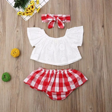 Load image into Gallery viewer, Baby Girl Summer Outfit Set with Off Shoulder Lace Top, Plaid Dress, and Matching Headband
