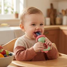 Load image into Gallery viewer, Silicone Baby Fruit Feeder Teether with Push Mechanism in Three Colors
