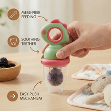 Load image into Gallery viewer, Silicone Baby Fruit Feeder Teether with Push Mechanism in Three Colors
