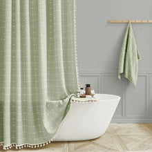 Load image into Gallery viewer, Boho Linen Texture Shower Curtain with Tassel Hem, Jacquard Weave and 12 Hooks in Nine Colors and Three Sizes
