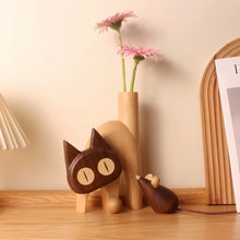 Load image into Gallery viewer, Meow Wooden Flower Vase Natural Wood Cat Design
