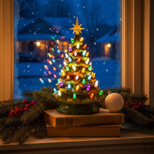 Load image into Gallery viewer, Tabletop Christmas Tree Light with Golden Star Topper Sculpted Evergreen Look and Warm Glow
