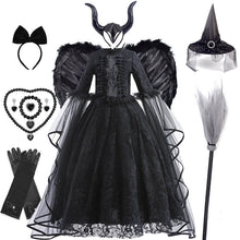 Load image into Gallery viewer, Girls Witch Queen Dress with Ruffle Trim and Decorative Pattern, Mid Calf Length All Vera Mart
