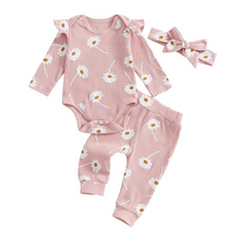 Load image into Gallery viewer, Baby Girls Daisy Print 3 Piece Outfit with Long Sleeve Romper Pants and Headband
