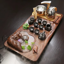 Load image into Gallery viewer, Electric Wooden Tea Tray Set with Flowing Water and Ceramic Kung Fu Teaware

