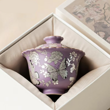 Load image into Gallery viewer, Purple Gilt Silver Butterfly Flower Porcelain Gaiwan Tea Bowl with Lid
