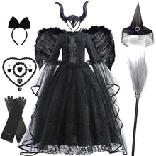 Load image into Gallery viewer, Girls Witch Queen Dress with Ruffle Trim and Decorative Pattern, Mid Calf Length All Vera Mart

