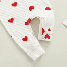 Load image into Gallery viewer, Baby Girl Valentine’s Day Ruffle Ribbed Romper with Headband
