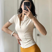 Load image into Gallery viewer, Women's Quick Dry Zipper Short Sleeve Sports Top with Stand Collar Slim Fit
