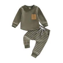 Load image into Gallery viewer, Toddler Boys 2-Piece Autumn Outfit, Long Sleeve Pullover Top with Pocket and Striped Pants
