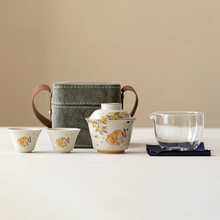 Load image into Gallery viewer, Portable Ceramic Travel Tea Set with Golden Carp Design
