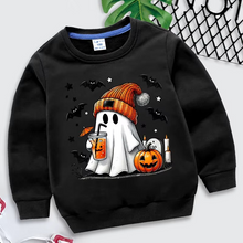 Load image into Gallery viewer, Cozy Halloween Sweatshirt for Kids with Ghost Pumpkin and Bat Design
