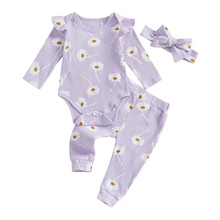 Load image into Gallery viewer, Baby Girls Daisy Print 3 Piece Outfit with Long Sleeve Romper Pants and Headband

