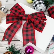 Load image into Gallery viewer, Christmas Plaid Linen Craft Ribbon, Red and Green Snowflake Design, 6.5 Yard Roll
