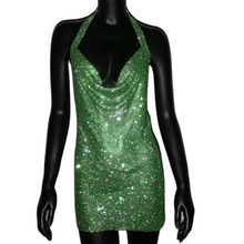 Load image into Gallery viewer, Luxury Crystal Rhinestone Sequin Mini Dress for Women Backless Halter Slit Metal Mesh Cocktail and Evening Dress
