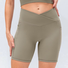 Load image into Gallery viewer, Women's Crossover Workout Shorts Yoga and Fitness Bottoms Casual Comfort Denim Look
