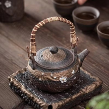 Load image into Gallery viewer, Japanese Style Handmade Ceramic Teapot with Silver Rattan Handle, 10 oz
