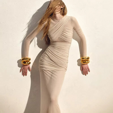 Load image into Gallery viewer, Pleated Sheer Long Sleeve Slim Mesh Dress – Elegant Ruched Evening Gown
