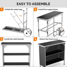 Load image into Gallery viewer, Portable 3-Tier Folding Bar Table with Black Skirt for Events and Indoor Use
