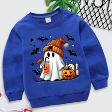 Load image into Gallery viewer, Cozy Halloween Sweatshirt for Kids with Ghost Pumpkin and Bat Design
