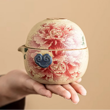Load image into Gallery viewer, Hand Drawn Floral Ceramic Travel Tea Set with Pot and 3 Cups
