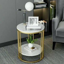 Load image into Gallery viewer, 2-Tier Round White Marble Side Table, Coffee Table and Nightstand with Storage
