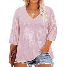 Load image into Gallery viewer, Plus Size Sequin V-Neck Long Sleeve Crop Top for Women - Loose Fit Autumn Winter Street Style
