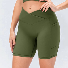 Load image into Gallery viewer, Women's Crossover Workout Shorts Yoga and Fitness Bottoms Casual Comfort Denim Look
