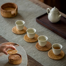 Load image into Gallery viewer, Natural Woven Rattan Coaster Set with Holder, 6 Piece Table Protection Set for Drinks and Decor
