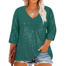 Load image into Gallery viewer, Plus Size Sequin V-Neck Long Sleeve Crop Top for Women - Loose Fit Autumn Winter Street Style
