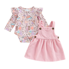 Load image into Gallery viewer, Baby Girl Ice Cream Print Romper and Corduroy Heart Dress Set
