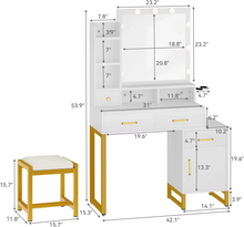 Load image into Gallery viewer, Elegant Vanity Desk with Mirror, LED Lights, Charging Station and Matching Chair
