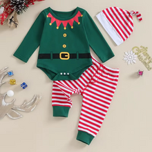 Load image into Gallery viewer, Cozy Baby Christmas Romper Set with Striped Pants and Matching Hat

