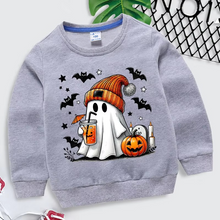 Load image into Gallery viewer, Cozy Halloween Sweatshirt for Kids with Ghost Pumpkin and Bat Design
