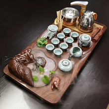 Load image into Gallery viewer, Electric Wooden Tea Tray Set with Flowing Water and Ceramic Kung Fu Teaware
